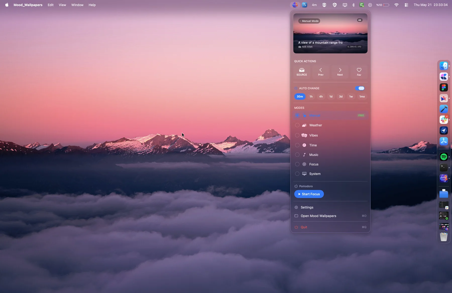 Menu Bar dropdown showing the current wallpaper, quick actions, all six modes, and a Pomodoro starter