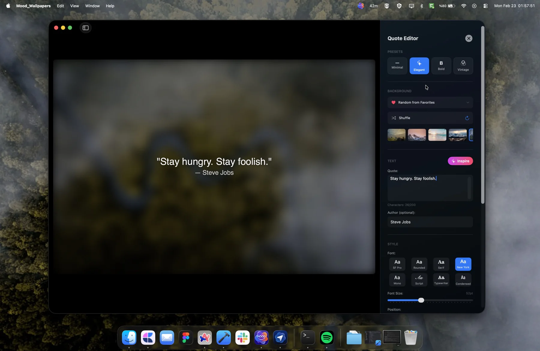 Quote Editor showing a Steve Jobs quote with Elegant preset on a blurred forest background