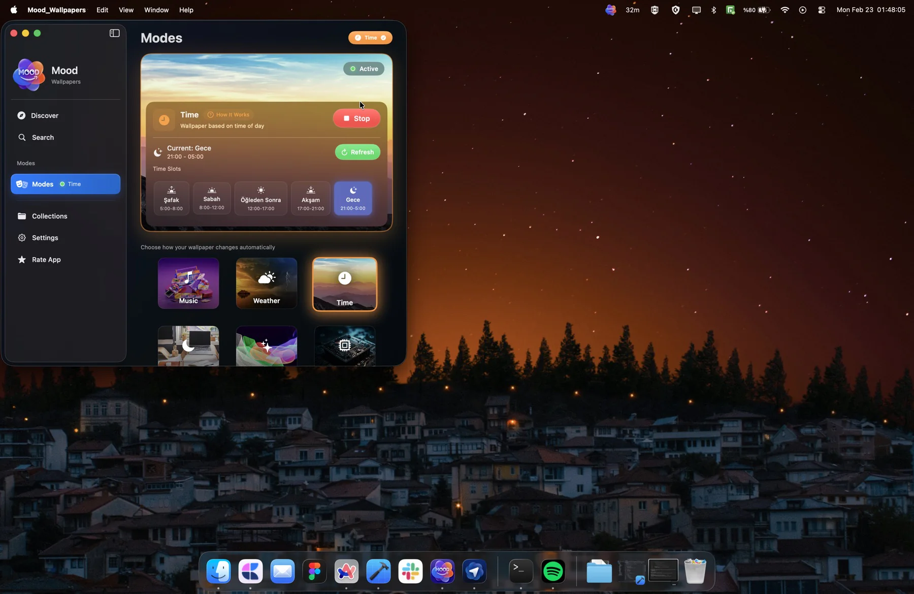 Time Mode showing five time slots with a nighttime wallpaper of a town under a starry sky
