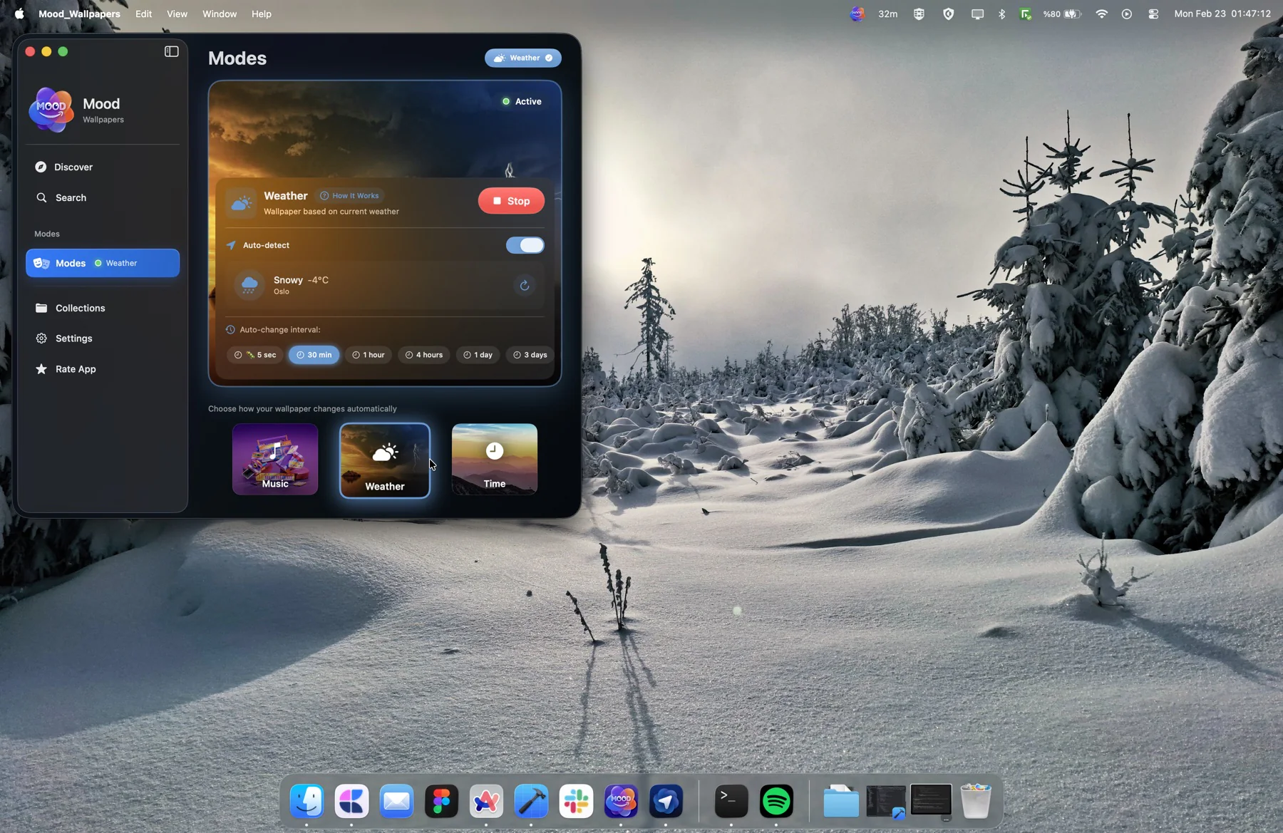 Weather Mode showing a snowy day in Oslo with matching snow wallpaper